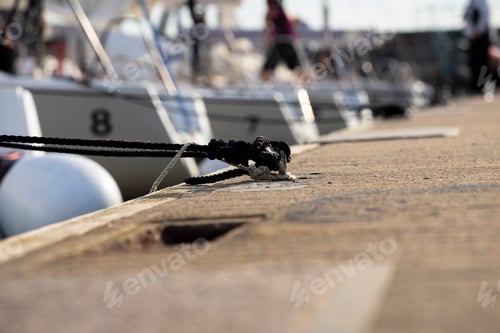 Preview: White yachts in a row moored with rope to rope from the yacht on the deck