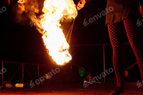 Preview: ↟ Fire show. Fire dancer dances. Night performance. Dramatic portrait. Fire and smoke