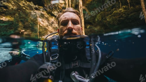 Preview: underwater split shot of a cave diver in a cenote