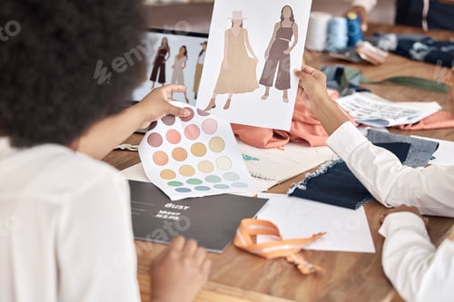 Preview: Fashion, designer sketch and team collaboration on project, illustration or paper at a desk in offi