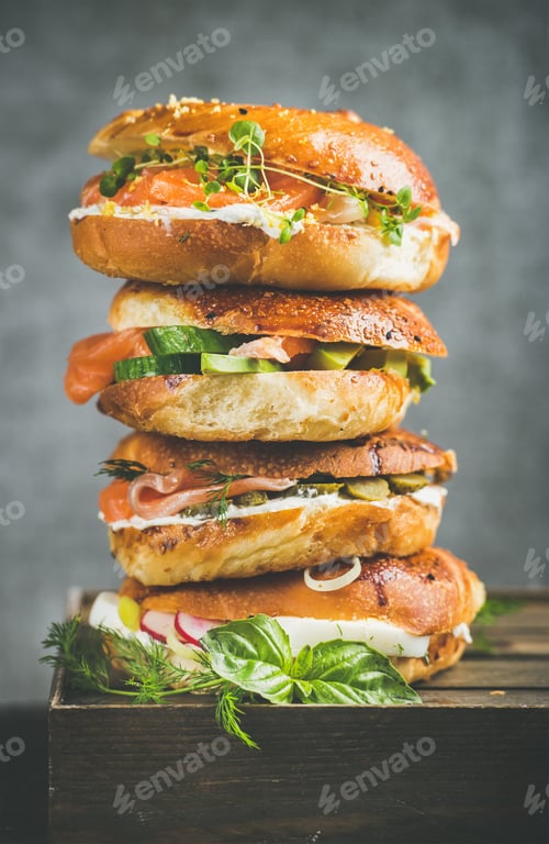 Preview: Heap of Bagels with salmon, eggs, vegetables, capers and cream-cheese