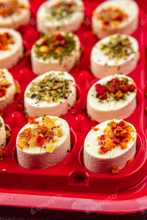 Preview: cheese appetizer soft cheese with herbs and tomatoes pieces fresh tasty food dish delicious gourmet
