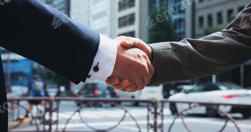 Preview: Handshake, business people and men in city, partnership and agreement with b2b deal. Japan, closeup