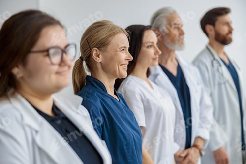 Preview: Group of professional doctors standing in a line at the modern clinic