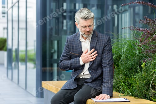 Preview: Heart attack in mature businessman on air, senior boss has severe chest pain, gray-haired man has