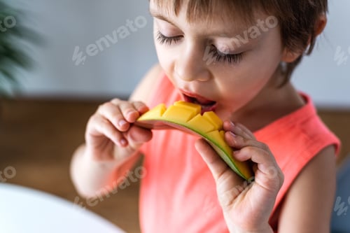 Preview: A little boy eating mango.