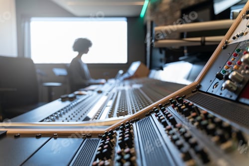 Preview: Control panel of a music recording studio with a woman in the background