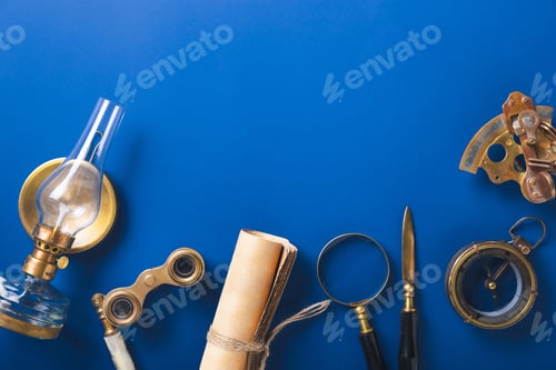 Preview: Old fashioned flat lay with retro accessories on blue background