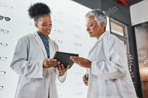Preview: Tablet, optometrist teamwork and women in shop talking, research or discussing eye test results. Vi