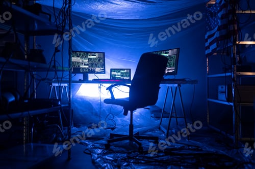 Preview: Internet hacker workplace in dark office, cyberwar concept.
