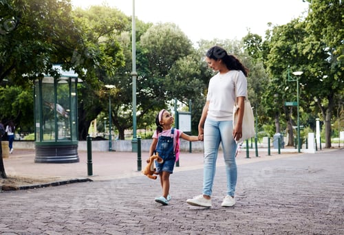 Preview: Park, walking and mom holding hands with girl enjoy weekend, summer holiday and adventure outdoors.