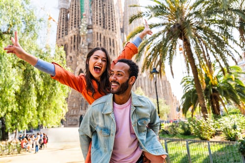 Preview: Multiracial beautiful happy couple of lovers dating in Barcelona