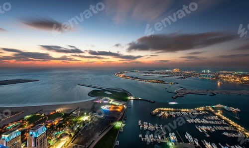 Preview: Aerial view of marina and Persian Gulf at dusk, Dubai, United Arab Emirates.