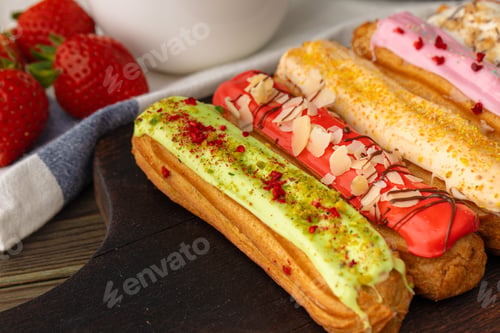 Preview: Eclair cake close up on wooden table