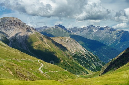 Preview: Mountain landscape along the road to Stelvio pass (Lombardy) at summer