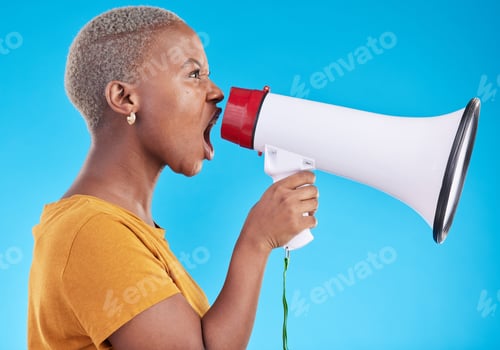 Preview: Black woman, megaphone and shout in studio, protest and profile with noise for human rights by blue