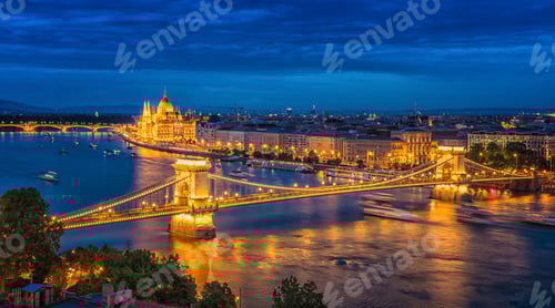 Preview: Panorama of Budapest at night. Hungarian landmarks.