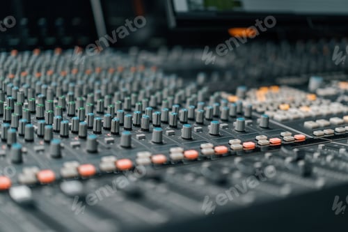 Preview: A recording studio control panel mixer with an equalizer faders buttons for broadcasting a recording