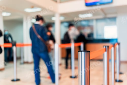Preview: row of people to the bank teller cashier defocused background