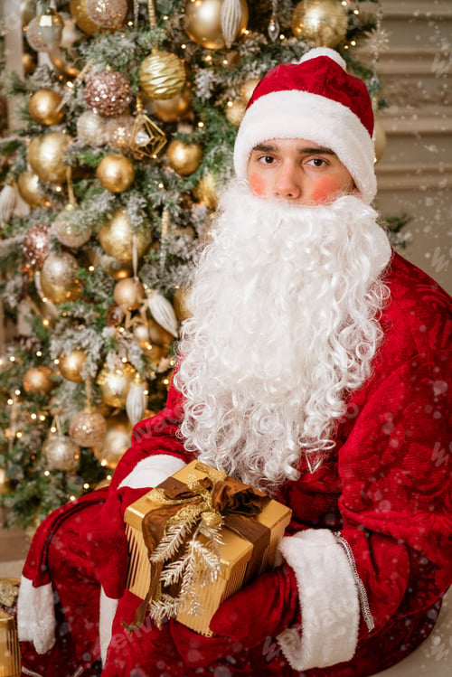 Preview: Santa Claus holding a gift in mittens on a Christmas tree