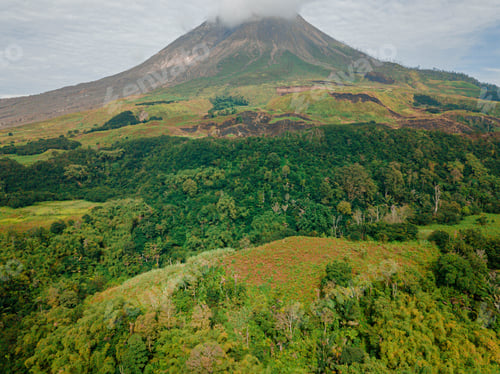 Preview: Aerial drone view of Mount Sinabung at Berastagi in North Sumatra, Indonesia.