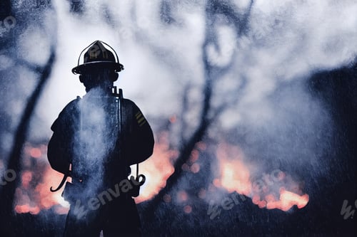 Preview: firefighter silhouette in the rain with a fire and smoke in the background, portrait, epic scene