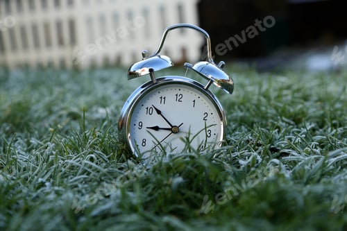 Preview: Alarm clock is on the grass covered with frost.