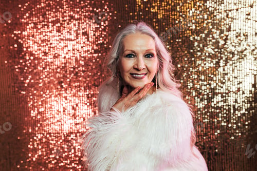 Preview: Portrait of a mature woman posing in studio wearing fur coat looking at camera