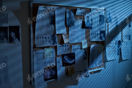 Preview: Crime Investigation Board Displaying Suspect Profiles and Evidence Documents
