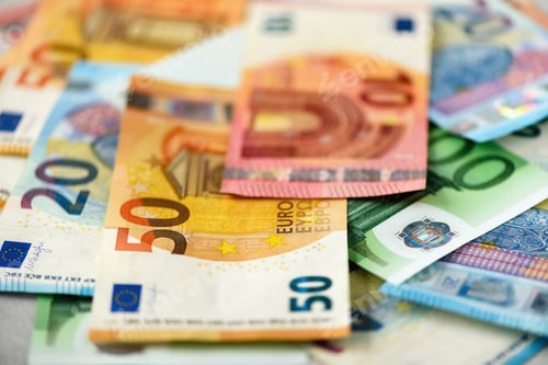 Preview: Euro currency money banknotes background. Payment and cash concept. Announced cancellation of five
