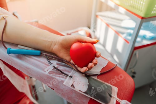 Preview: Young woman making blood donation in hospital. Blood donation.