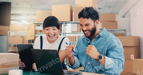 Preview: Laptop, success and supply chain with distribution team in office together for celebration of deal