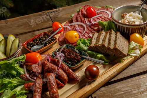 Vorschau: Enjoy a delicious Charcuterie Board with a variety of Sausages and Fresh Vegetables
