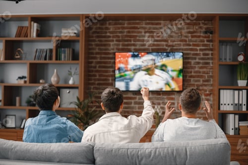 Preview: Back view of men watching a football game on tv and sitting on a sofa