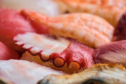 Preview: Selection of varied nigiri and maki. Japanese sushi.