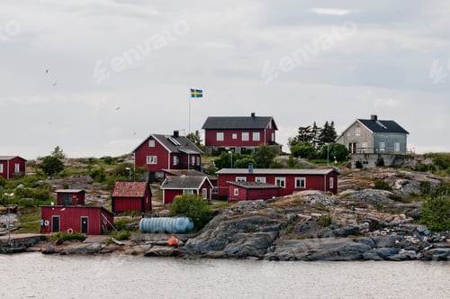 Preview: Picturesque coastal Swedish village with colorful houses