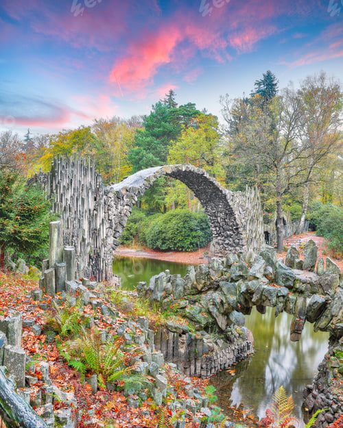 Preview: Fabulous autumn landscape in Azalea and Rhododendron Park Kromlau. Rakotz Bridge