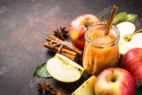 Preview: Apple jam with spices and fresh apples on dark background