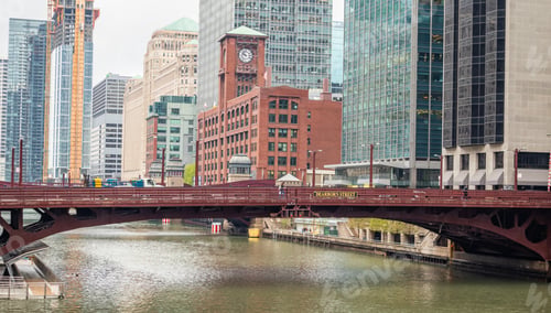 Preview: Chicago Dearborn street bridge over river, high rise buildings background