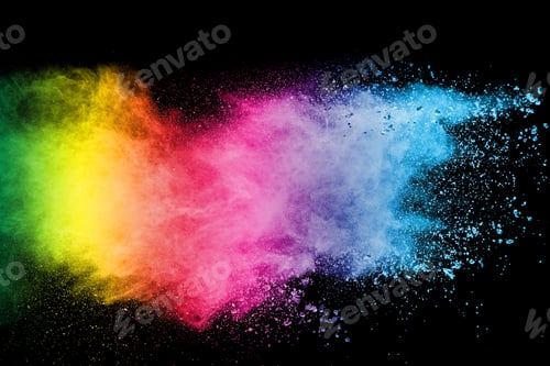 Preview: Launched colorful powder on black background.Color powder explosion.Colorful dust splashing.
