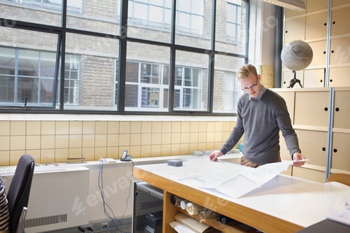 Preview: Male designer looking at blueprint in creative office