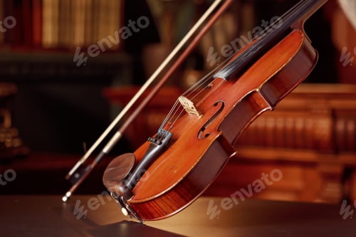 Preview: Violin in retro style and bow, closeup view