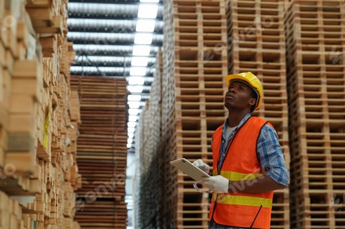 Preview: Warehouse worker working on planks of wood in wooden manufacturing