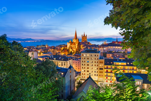 Preview: Lausanne, Switzerland Historic Townscape at Blue Hour