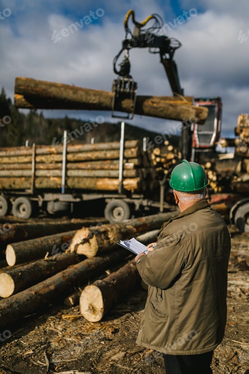 Preview: Worker writing the number of fir trees and having a big stack of timbers in the truck and a crane