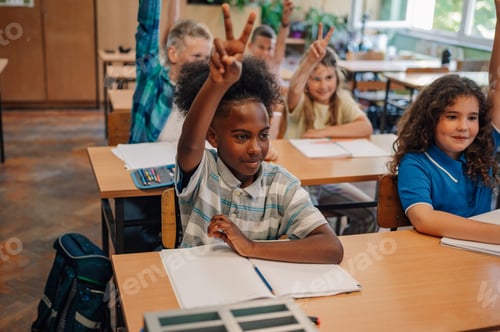 Preview: Elementary school students raising hands in classroom, answering questions