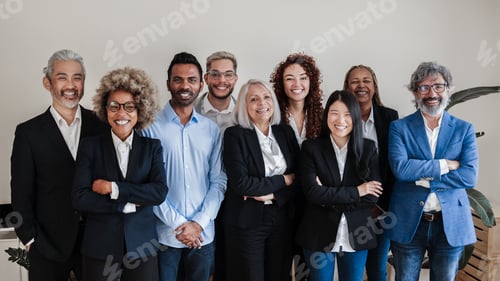Preview: Multiracial generational office: Successful business team smiling on camera - Focus on Asian girl
