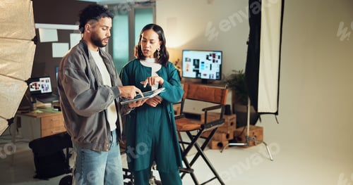 Preview: Photography, planning and tablet with people in studio for behind the scenes, team and production.