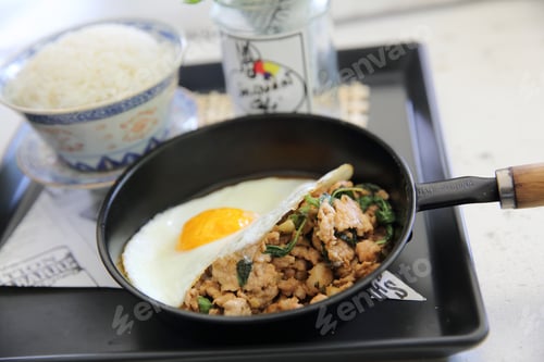 Preview: Stir Fried Pork And Basil Served With Rice And Fried Egg , Thai Food