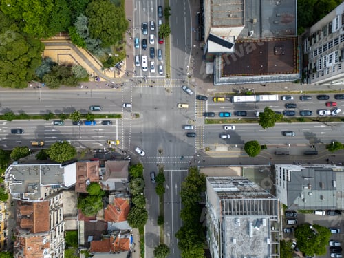 Preview: Aerial view from a drone to a road traffic in the Varna city, timelapse